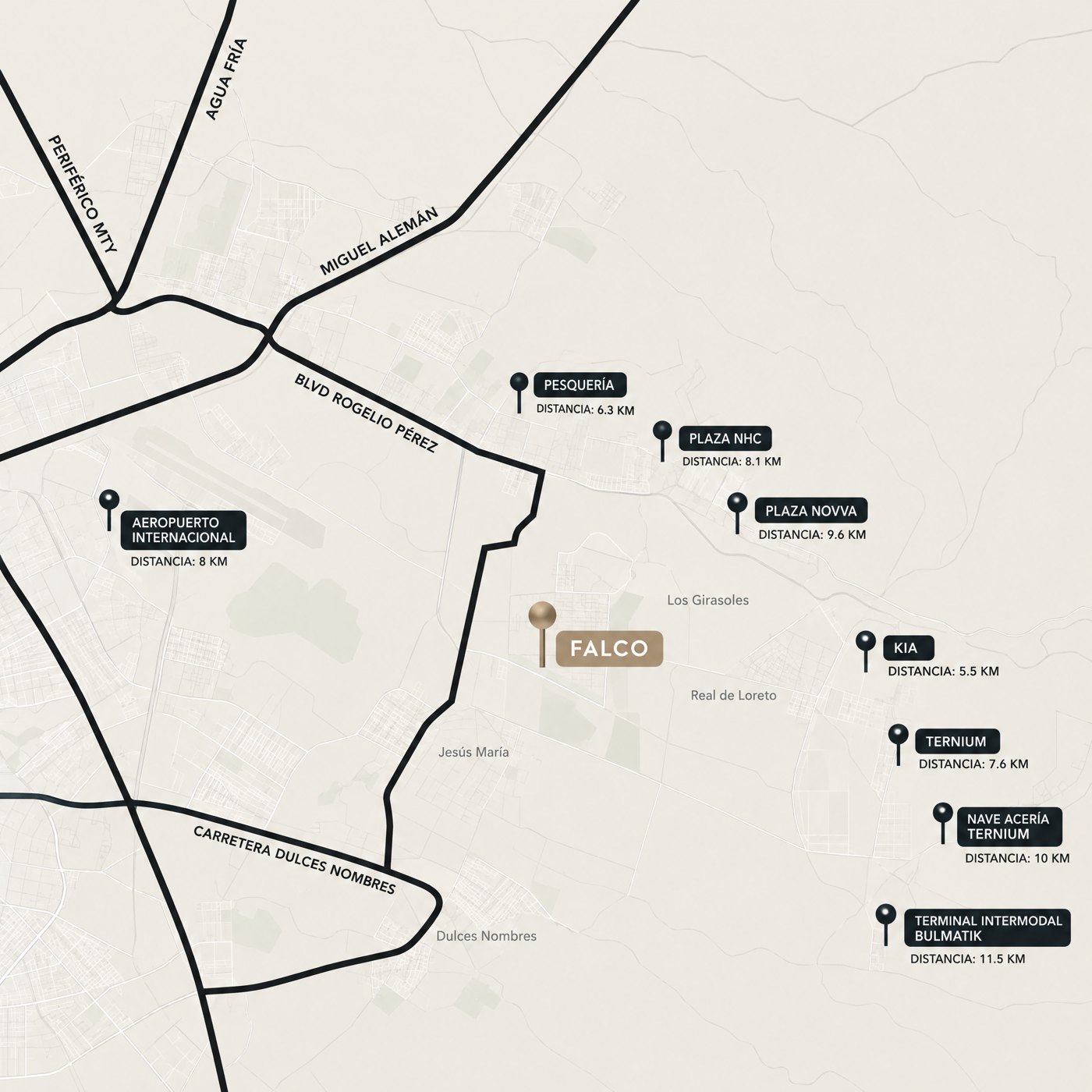 Mapa de ubicación de Las Aves: Monterrey, Apodaca, aeropuerto, Pesquería y KIA