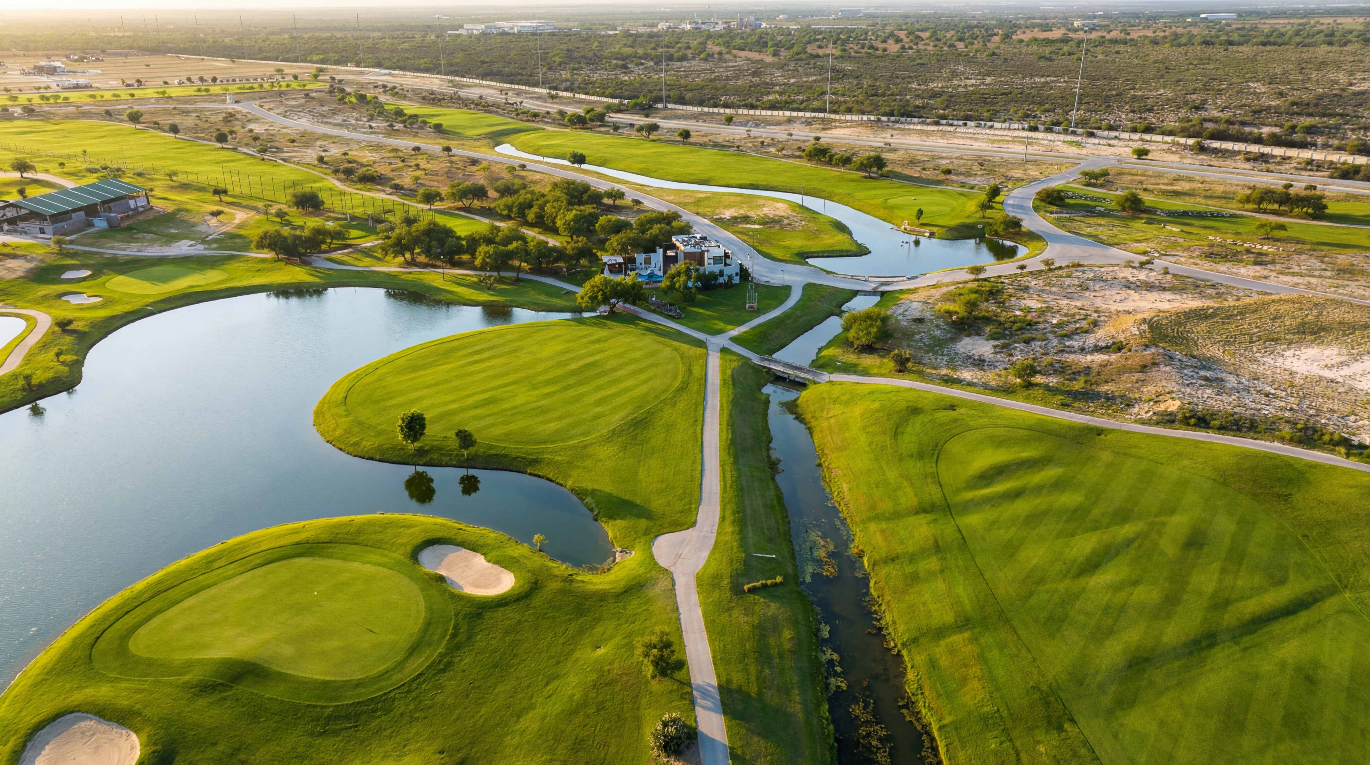 Vista aérea del campo de golf Las Aves con clubhouse